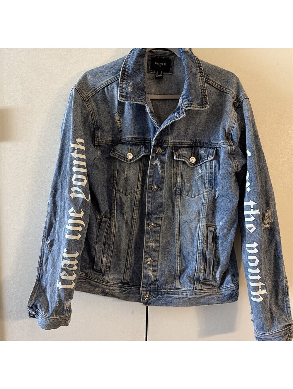 Forever 21 Distressed Denim Jacket Sz M Blue Fear The Youth Graphic Trucker
